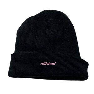 Edikted Embroidered Black Cuffed Ribbed Knit Beanie Hat